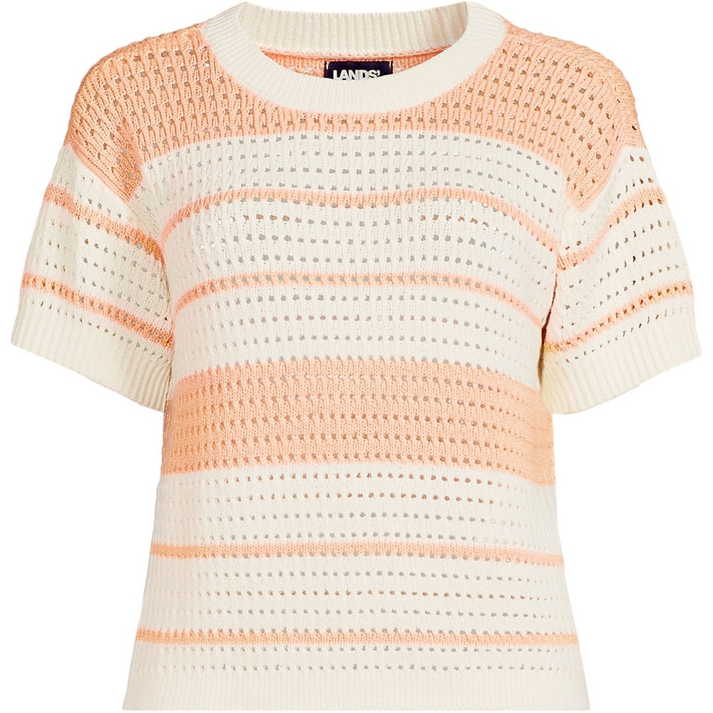 Lands' End Cream and Orange short sleeve Crewneck Sweater